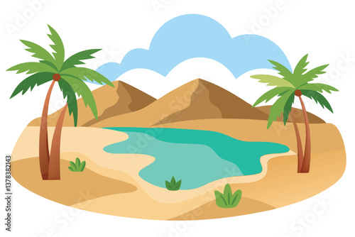 Desert Oasis Cartoon with Palm Trees, Sand Dunes, Lake and Sky With Clouds