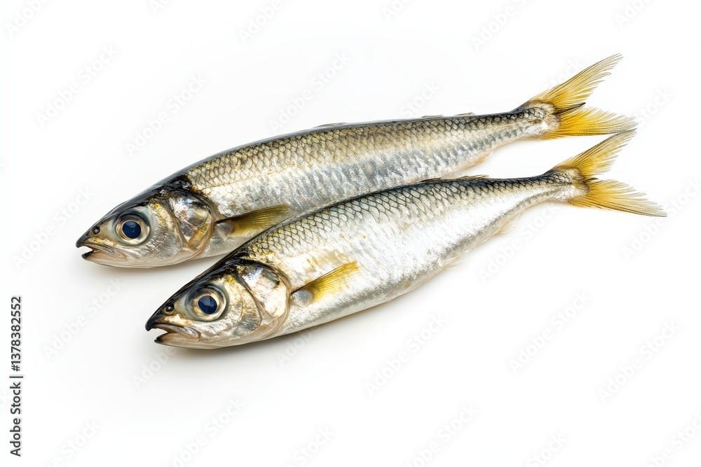 Fototapeta premium Two fresh silvery fish displayed on a plain white background