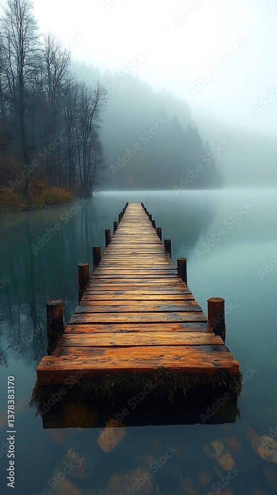 Fototapeta premium Serene morning at misty lake dock high resolution hd image