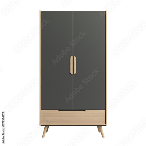 Obraz na płótnie Scandinavian style wardrobe with matte gray doors and natural wood frame, modern minimalist storage with two lower drawers. w salonie