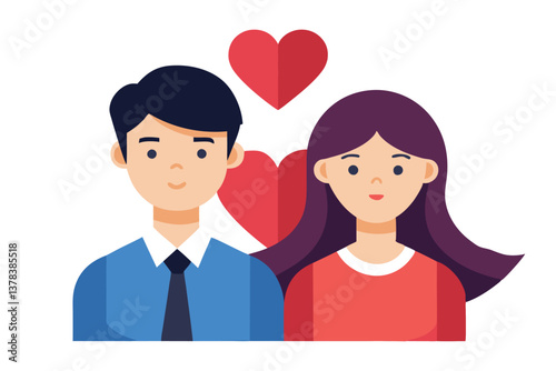 Flat Cartoon Couple with Hearts on White Background, Design