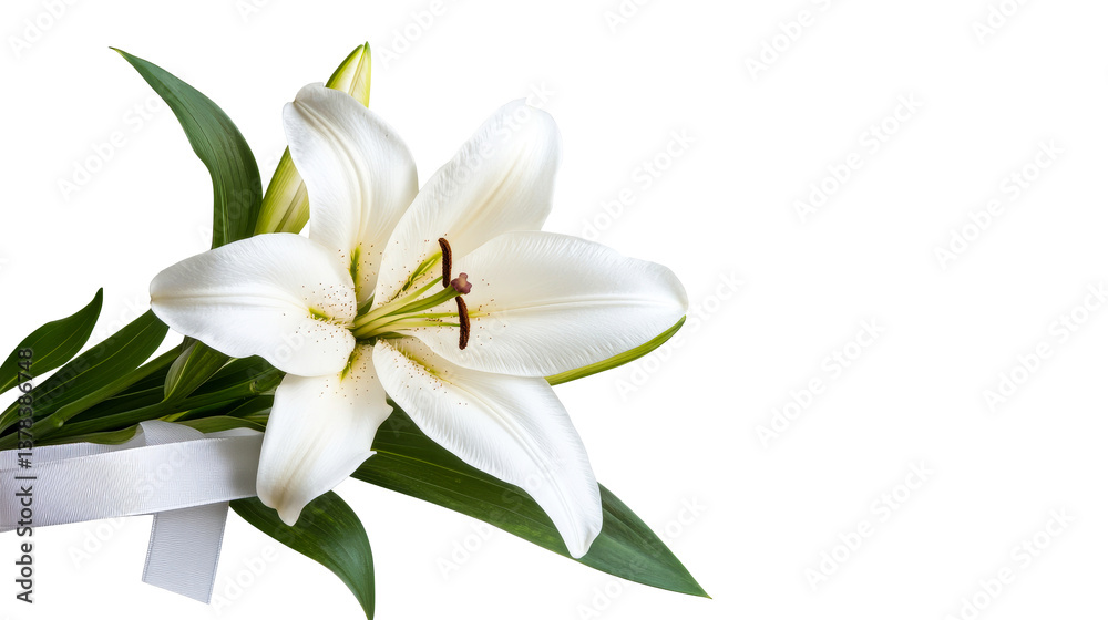 Elegant White Lily with Green Foliage and Bow, cut out transparent Elegant White Lily with Green Foliage and Bow, cut out transparent