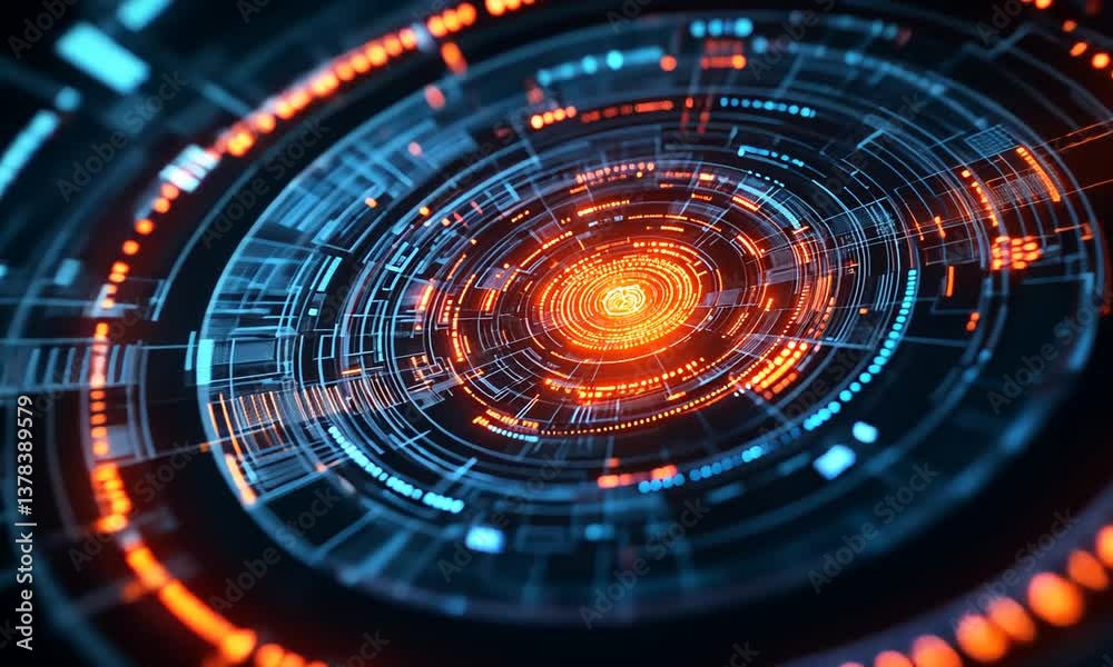 Futuristic glowing orange and blue digital interface with concentric circles and data layers. Concept of high tech and innovation Futuristic glowing orange and blue digital interface with concentric circles and data layers. Concept of high tech and innovation