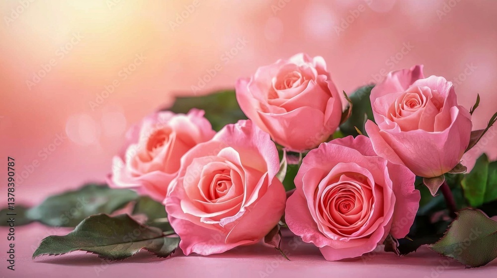 Romantic composition featuring five roses arranged on a softly blurred pastel pink background. Romantic composition featuring five roses arranged on a softly blurred pastel pink background.