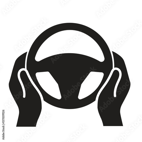 Steering wheel icon. Hands on steering wheel. Driver. Driving car. Test drive. Vector icon isolated on white background
