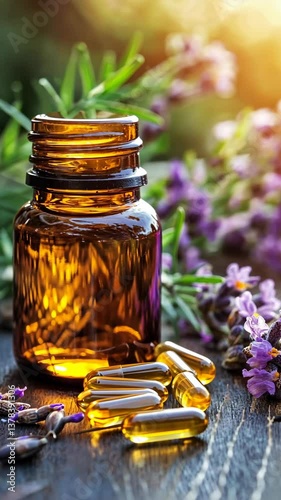 Lavender and essential oil capsules arranged on a wooden surface surrounded by fresh lavender flowers during sunrise