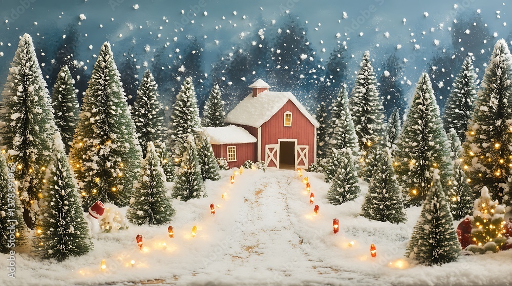 Fototapeta premium Snowy Christmas Barn Trees.
