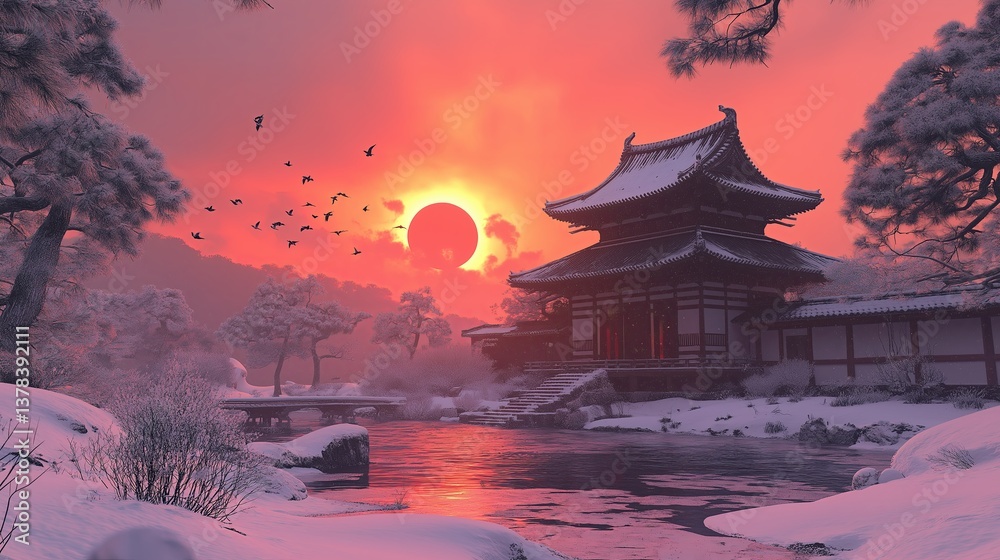Obraz premium A snow-covered Japanese temple under a red sun during sunset