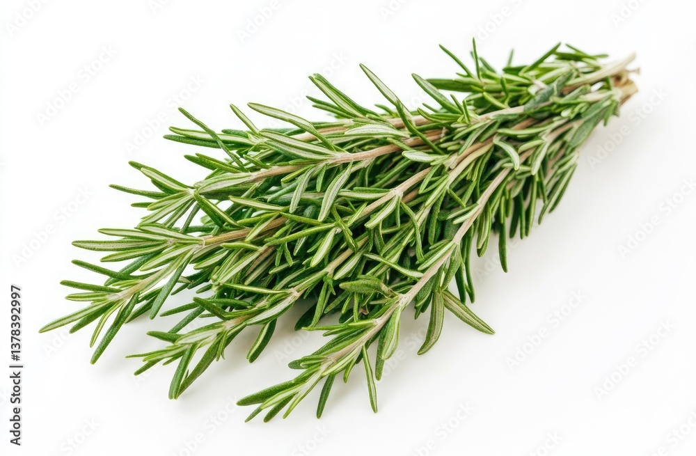 Fresh rosemary sprigs. A bunch of vibrant green rosemary sprigs, close-up, isolated on a white background. The sprigs are full of tiny, needle-like leaves, exhibiting a healthy, aromatic appearance Fresh rosemary sprigs. A bunch of vibrant green rosemary sprigs, close-up, isolated on a white background. The sprigs are full of tiny, needle-like leaves, exhibiting a healthy, aromatic appearance