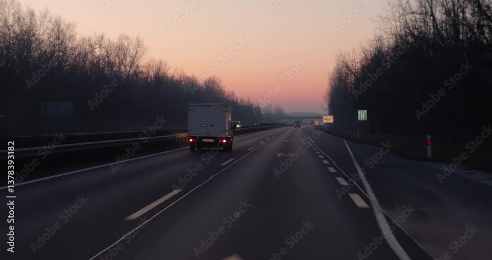 Highway driving view at dawn Highway driving view at dawn