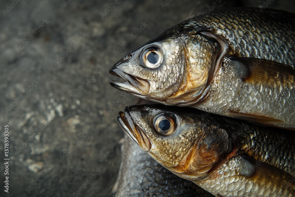 Close up of two fresh fish laying together side by side Close up of two fresh fish laying together side by side