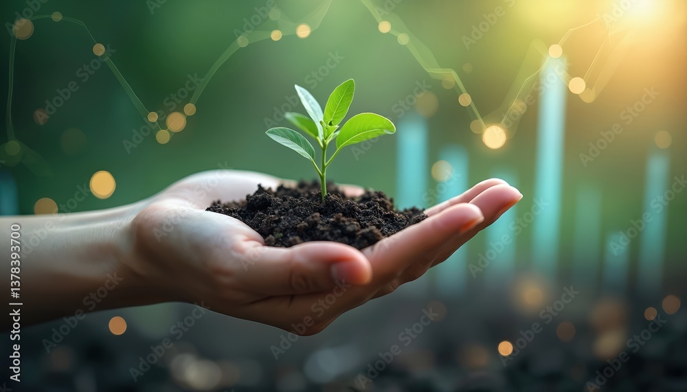 Fototapeta premium Hand gently holds growing plant sprout. Financial graphs in background symbolize ESG investment environmental impact and growth. Focus on sustainable development, environmental protection.