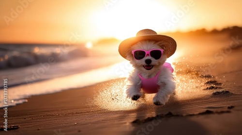 Whimsical dog running on the beach wearing a hat
