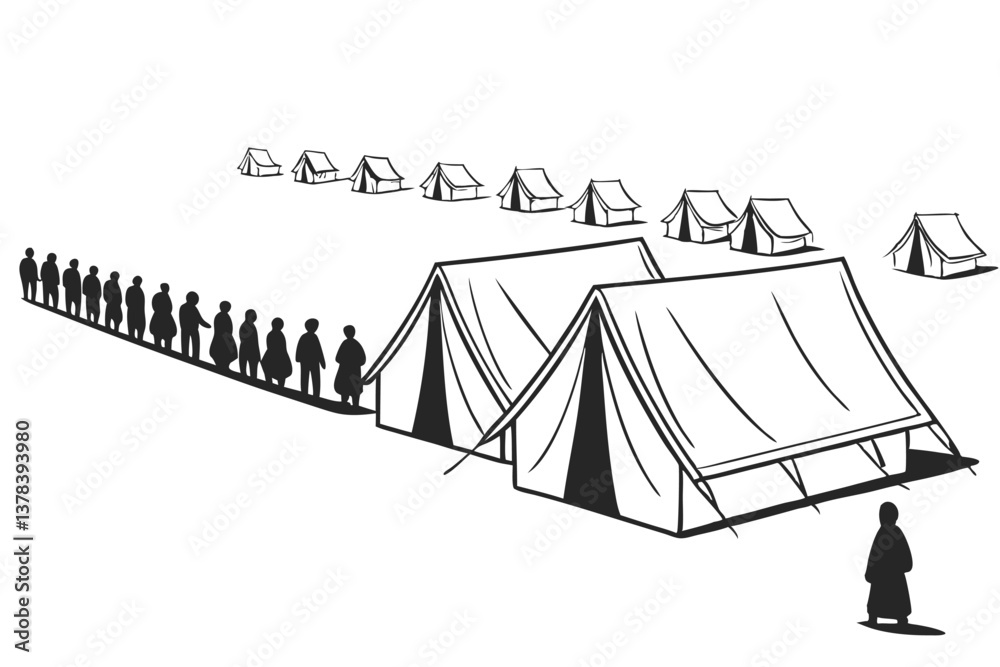 An early morning view of a refugee camp with rows of tents and people lining up amidst a vast landscape. all shape smooth and black color line 