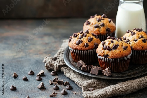 Morning bliss is found in a close-up of a homemade, freshly baked chocolate chip muffin, an indulgence on a plate that is deliciously tempting