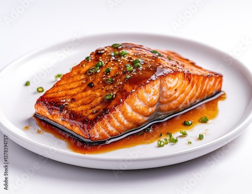 Pan-seared salmon fillet, glazed with sweet sauce, garnished with fresh chives