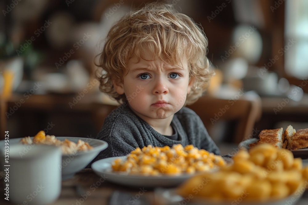 A child who is dissatisfied with a delicious, healthy breakfast. A child who is dissatisfied with a delicious, healthy breakfast.