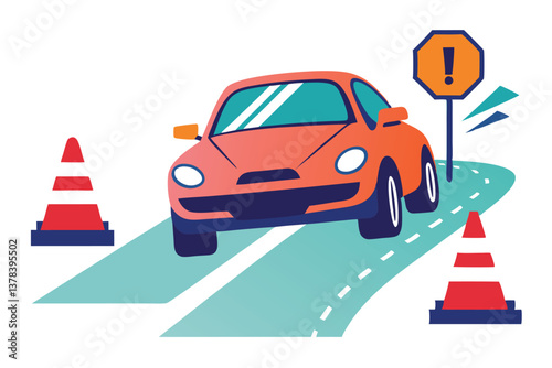 Orange Car on Turquoise Road with Warning Sign and Cones on White Background