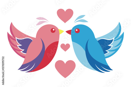 Pink and Blue Lovebirds Kissing with Pink Hearts on White Background