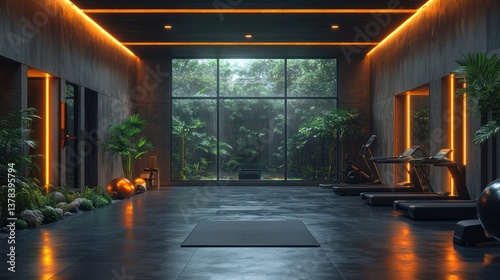 Modern gym with rainforest view, orange lighting, treadmills.