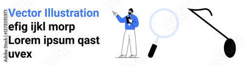Man pointing while holding a clipboard, magnifying glass symbolizing research, abstract shapes. Ideal for analytics, education, discovery, presentation, marketing, strategy simple landing page