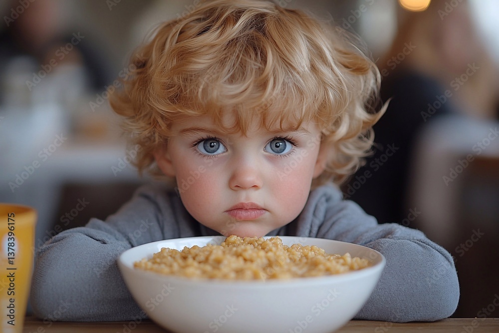 A child who is dissatisfied with a delicious, healthy breakfast. A child who is dissatisfied with a delicious, healthy breakfast.