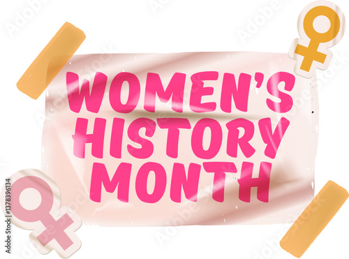 Women s History Month Pink Script Typography with Female Symbols, Celebrate March with Vintage Stickers and Empowering Design