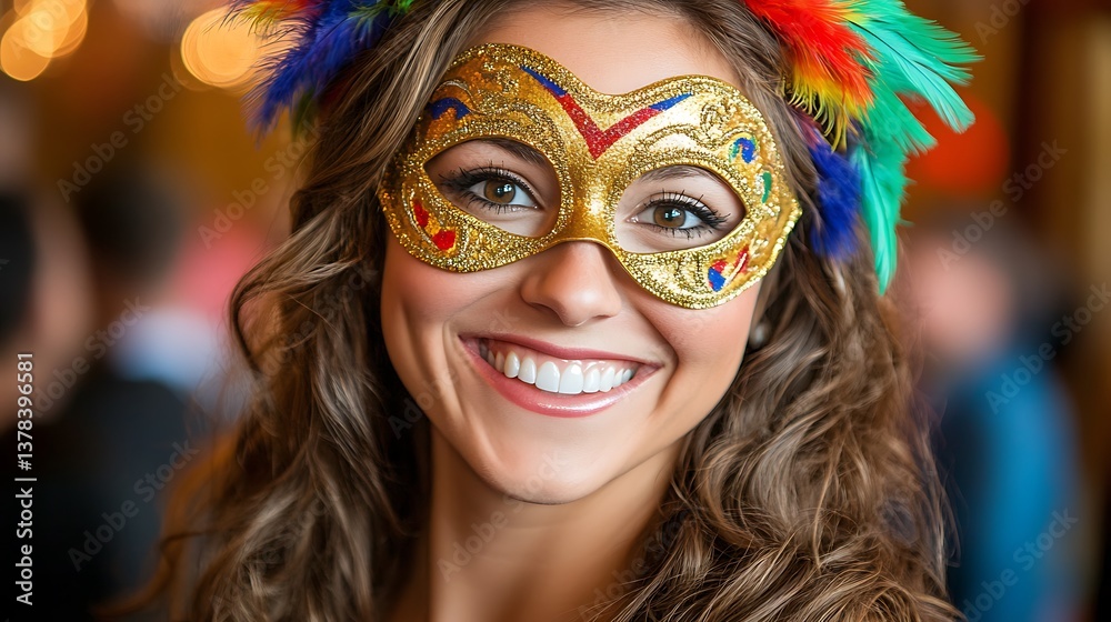 A smiling woman is wearing a decorative golden mask and feathers