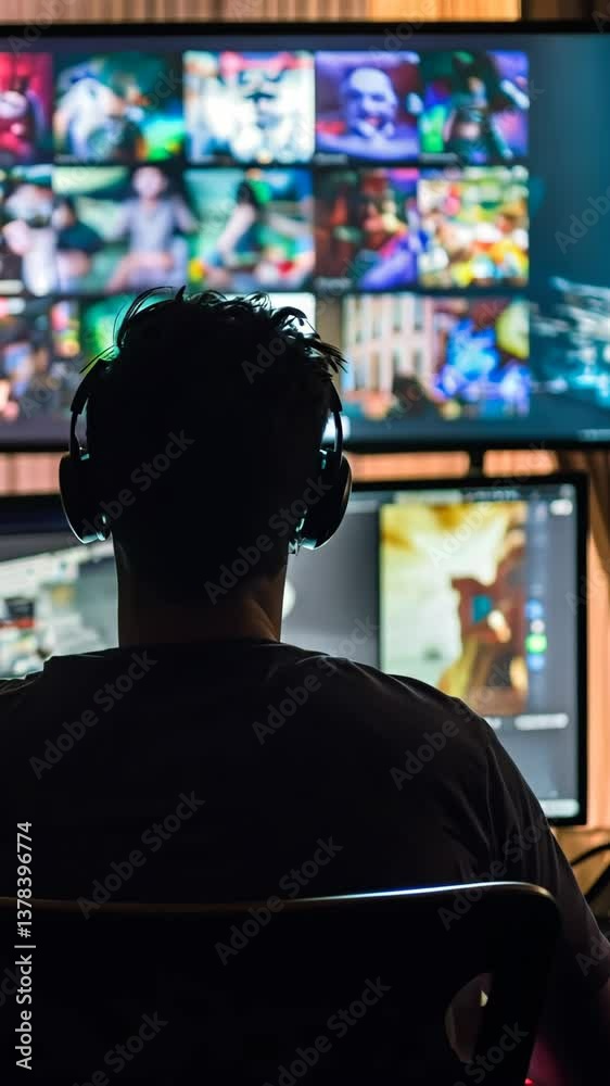 Engaging in online multiplayer gaming during the evening in a well-lit room with multiple screens