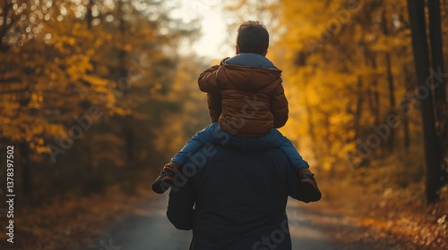 Handsome man carrying his son on his shoulders, back view of father and boy walking down a country road in autumn, with morning light
