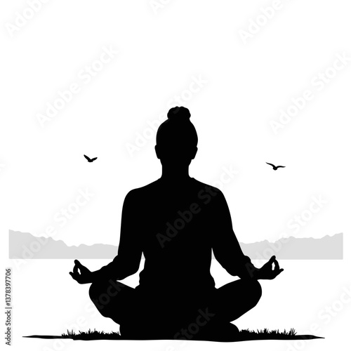Silhouette meditating by serene lake, cultivating inner peace