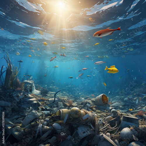The concept of an ecological disaster of ocean pollution with plastic and garbage.