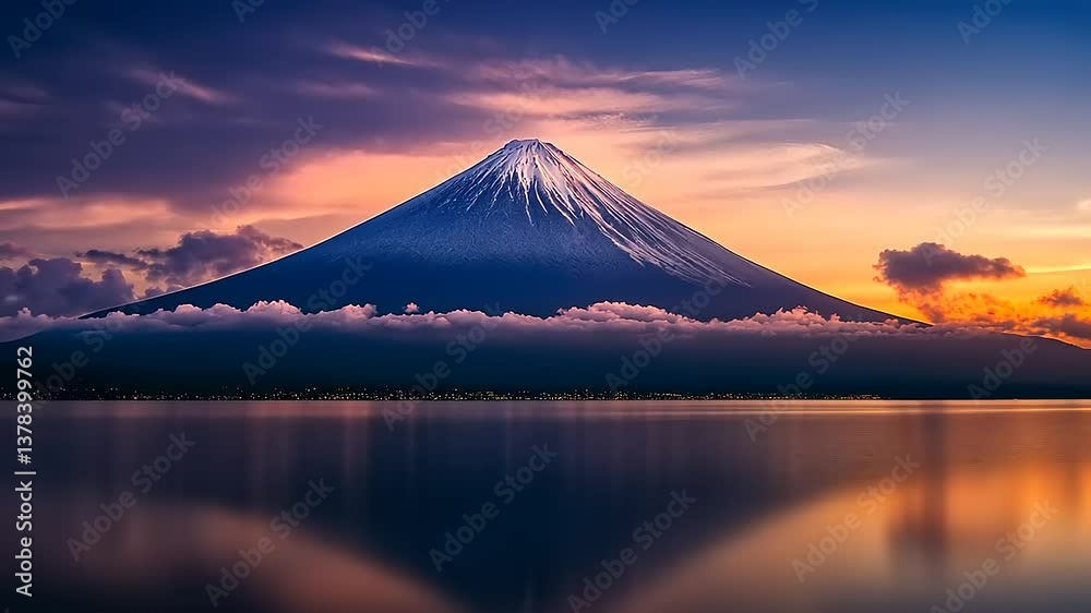 Majestic Mount Fuji at Sunset Reflecting in Calm Waters with Colorful Sky and Clouds Majestic Mount Fuji at Sunset Reflecting in Calm Waters with Colorful Sky and Clouds