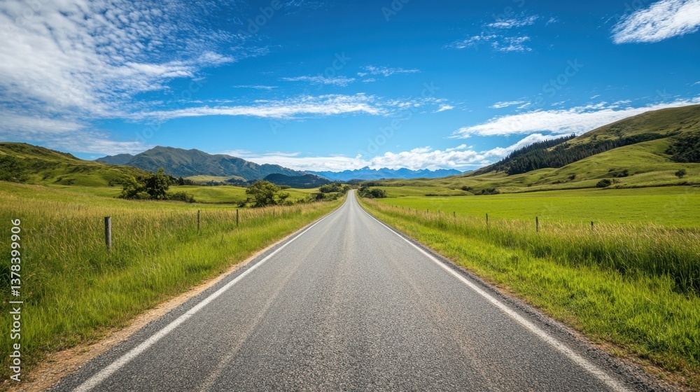 Fototapeta premium Open Road to the Horizon: A long, winding road stretches towards the distant mountains under a vast, vibrant blue sky, offering a sense of limitless journey and exploration.
