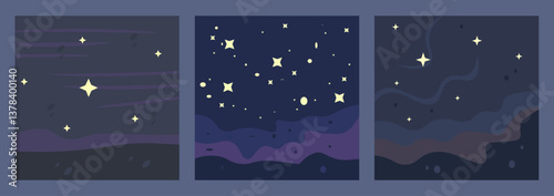 Set Of Three Abstract Retro Landscape Night Dreamy Background Trendy Vector Design