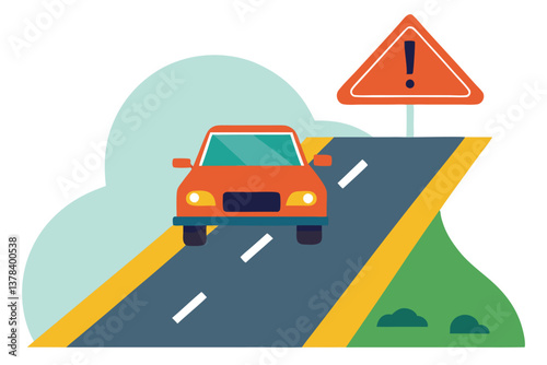 Stylized Car on Road with Exclamation Sign, Roadside, Flat Design