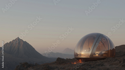 Futuristic survival dome on a lava-filled exoplanet photo