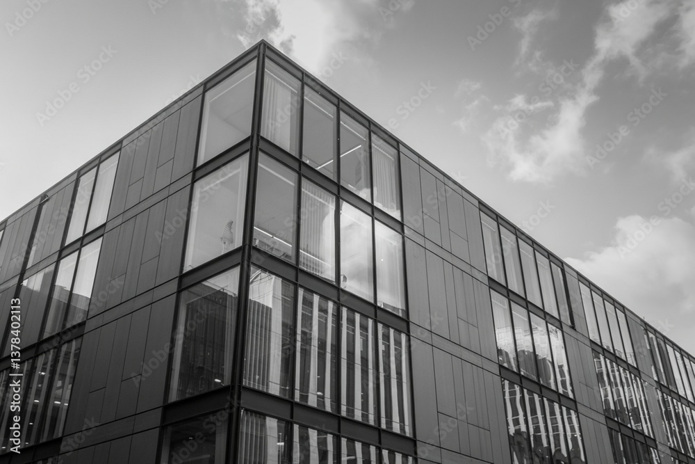 Modern Office Building Exterior Black And White Architectural Urban Landscape Photography Under Cloudy Sky Modern Office Building Exterior Black And White Architectural Urban Landscape Photography Under Cloudy Sky