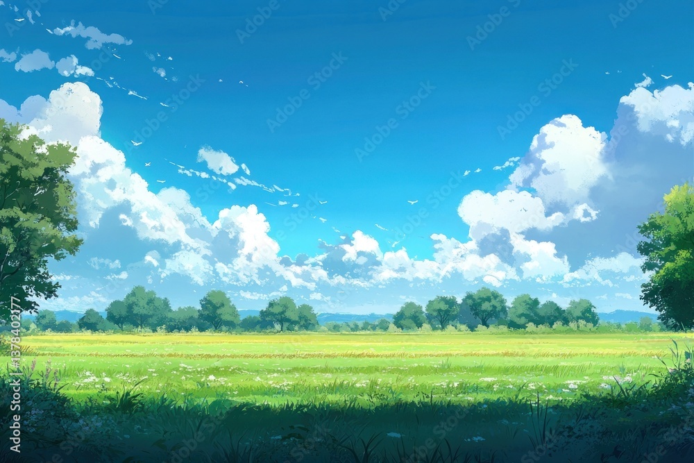 Kid style green field landscape sky outdoors.