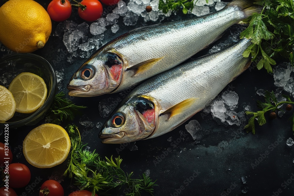 Two fresh fish on ice served with lemon and tomatoes Two fresh fish on ice served with lemon and tomatoes