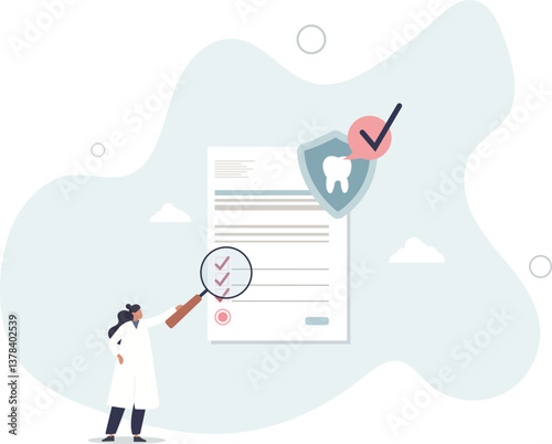 Dental insurance for tooth procedure bill cost coverage.Stomatology hygiene and care document with diagnosis and price form .flat character life .