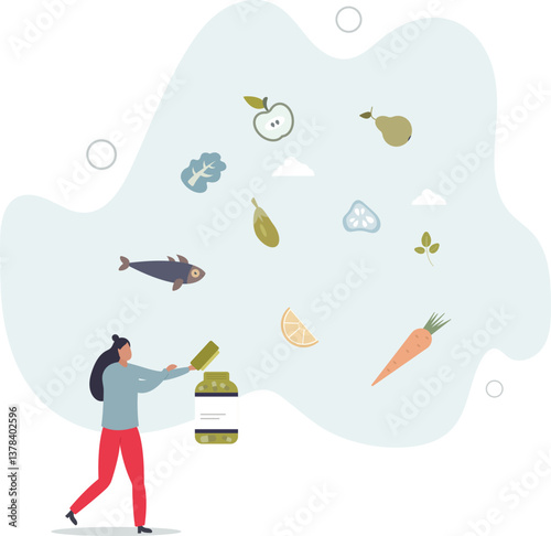 Dietary supplements as extracted food nutrients in pills Vitamins, minerals,flat character life .