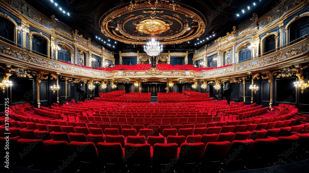 Fototapeta premium Luxurious Theater Interior with Red Velvet Seating and Gold Accents