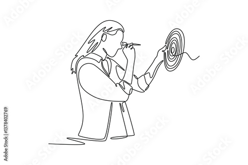 young brunette woman in casual shirt squints eye and aims dart arrow at shooting target. Personal goals concept. Single line draw design. Vector graphic illustration