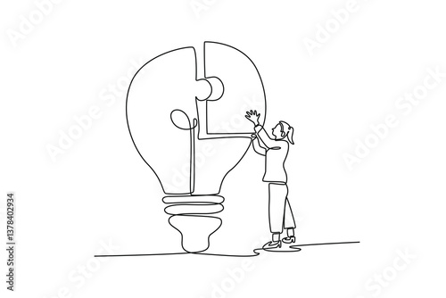 young woman connect puzzles pieces to make idea light bulb. personal goals concept. Personal goals concept. Single line draw design. Vector graphic illustration