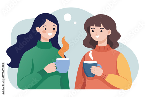 Two Smiling Young Women Holding Hot Coffee Mug Flat Design