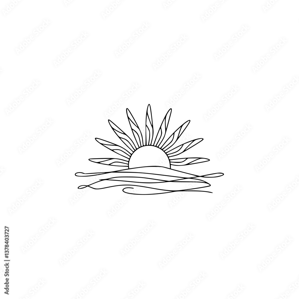 Minimalist Sunset Over Waves, Line Art Illustration, Summer Design Minimalist Sunset Over Waves, Line Art Illustration, Summer Design