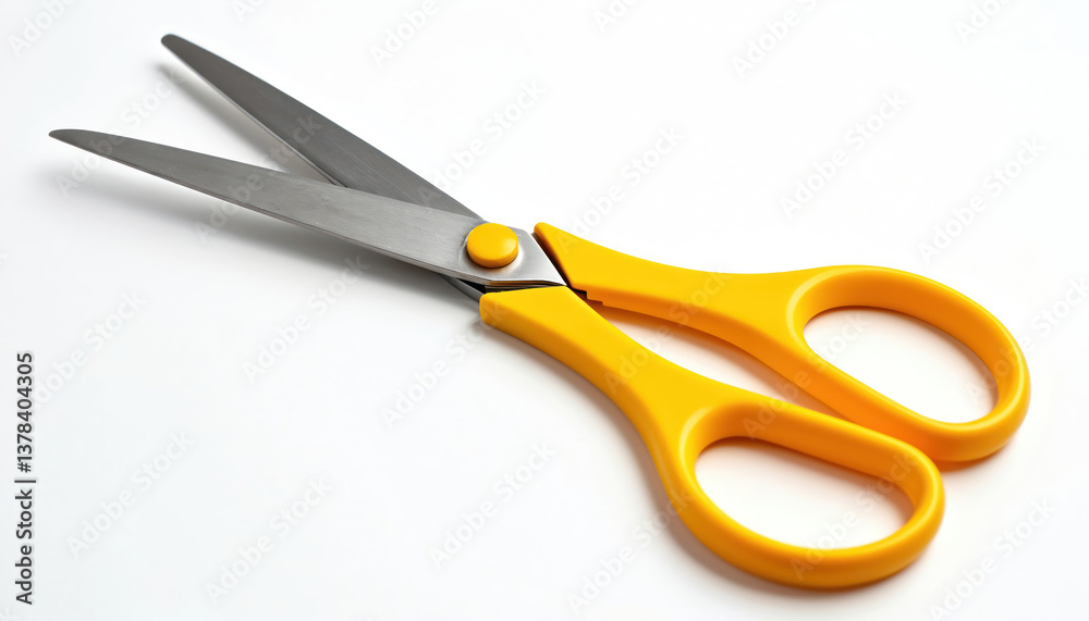 Yellow scissors isolated white background. Stationery tool for cutting paper craft. School office supply equipment. Metal blades, yellow handles. Top view, studio shot, clean design for business, Yellow scissors isolated white background. Stationery tool for cutting paper craft. School office supply equipment. Metal blades, yellow handles. Top view, studio shot, clean design for business,