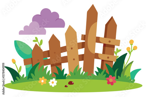Whimsical Fence Cartoon With Grass, Flowers, Clouds and Garden Plot Element