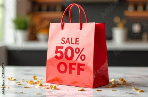 Red shopping bag displaying a 50 percent off sale in a stylish kitchen environment